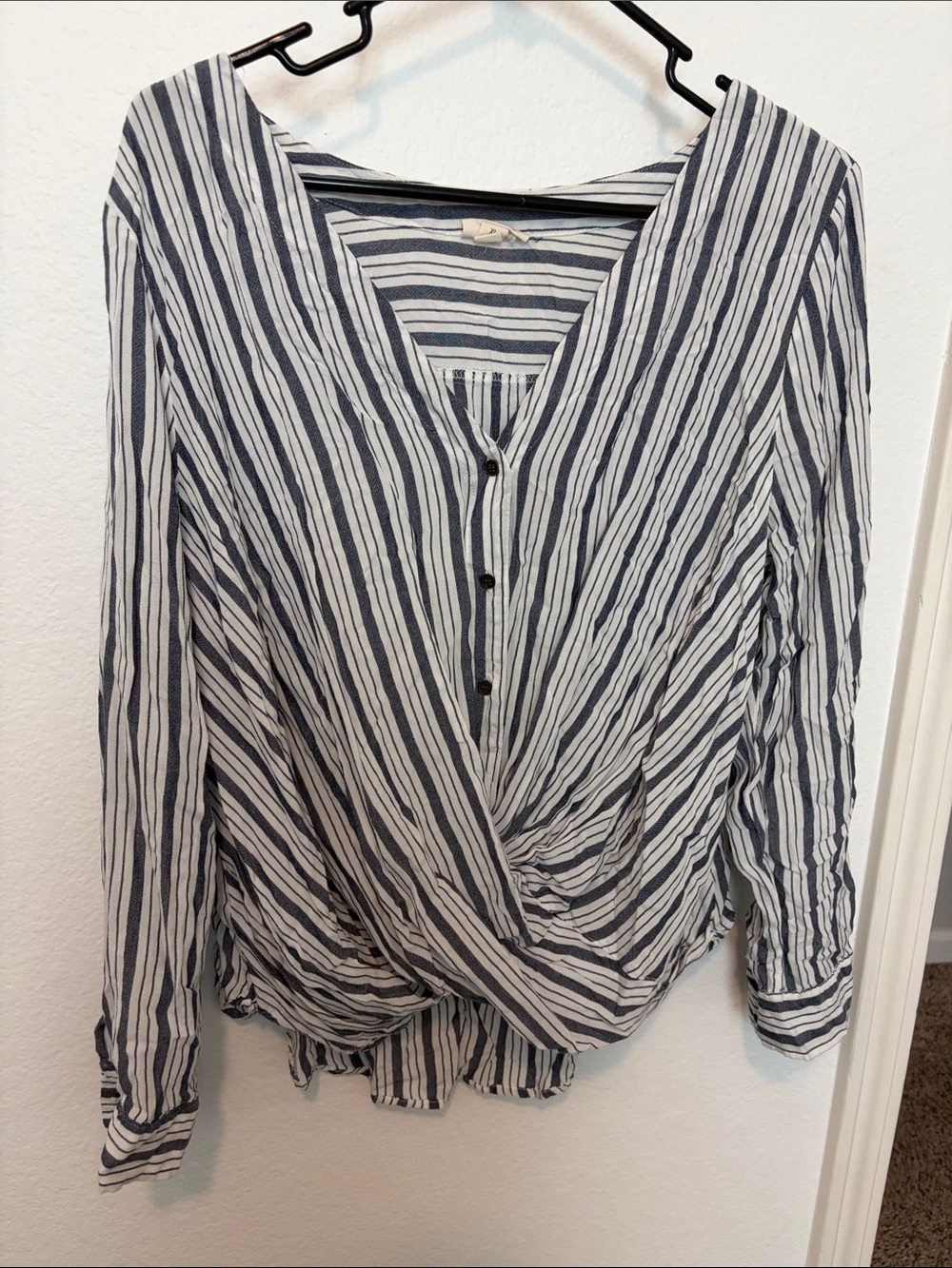 a.n.a Blue and White Striped Button-Front Twist Blouse